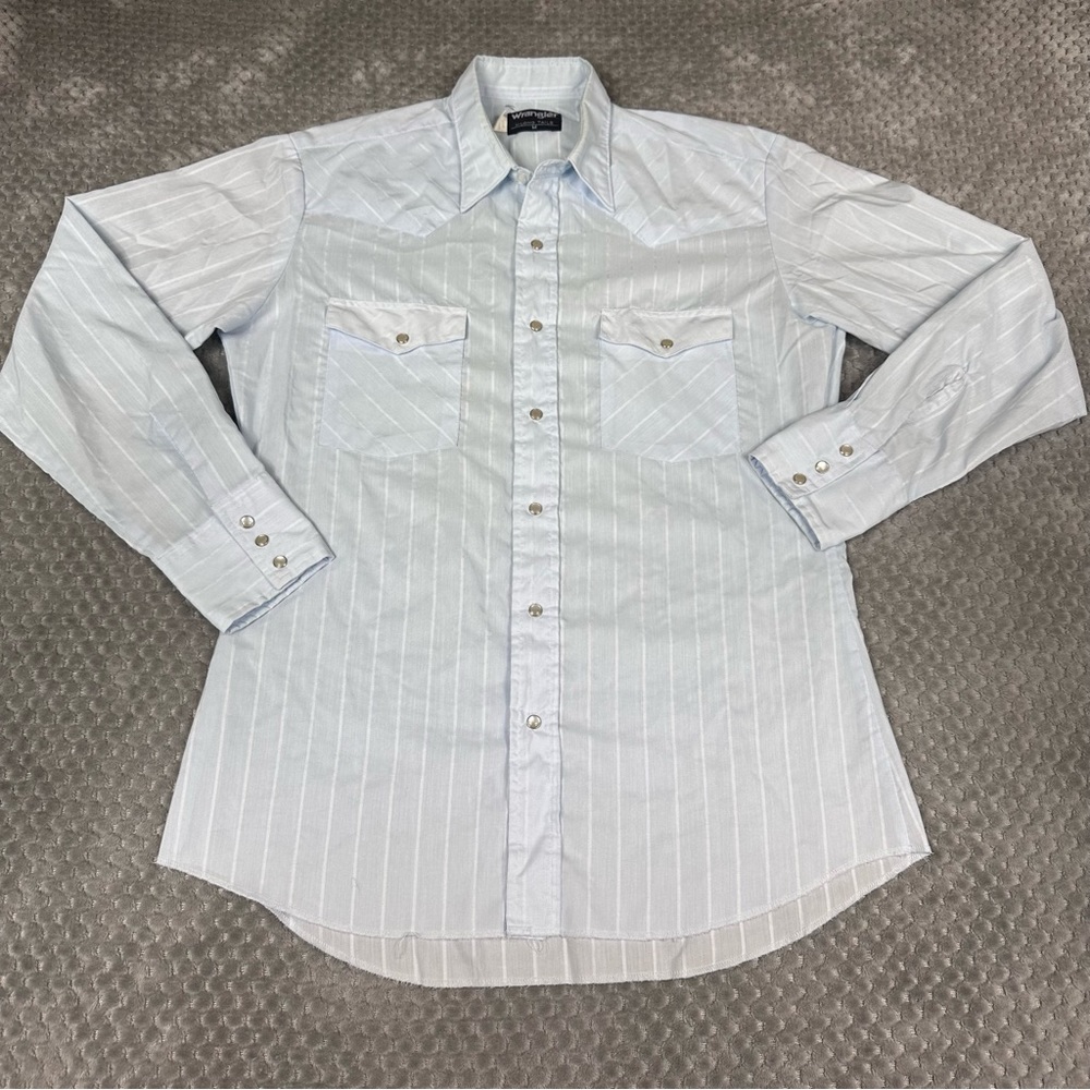 Wrangler Pearl Snap Western Shirt Mens M Blue X-Long Tails Rodeo Long Sleeve